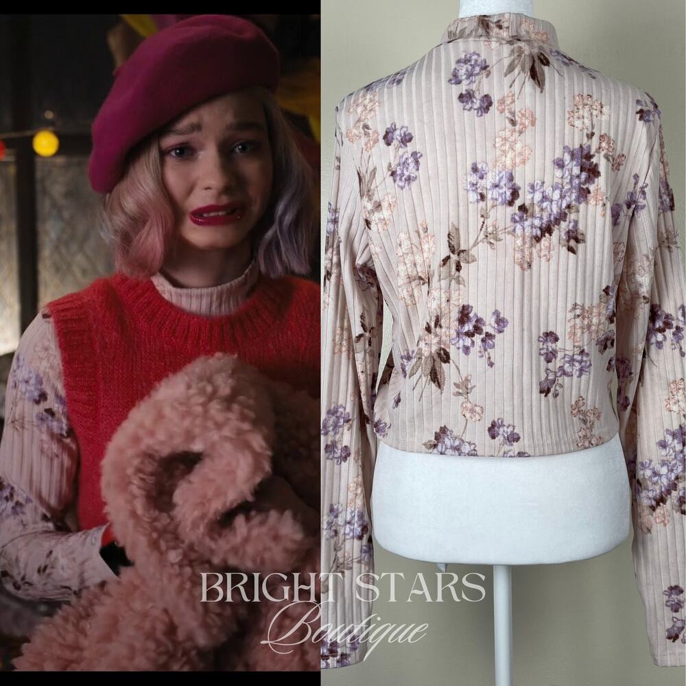 Rare Floral Cropped Mock Neck Ribbed Top Long Sleeve ASO Enid Sinclair Wednesday - Picture 2 of 11